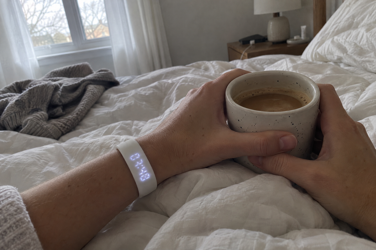 Hands around a morning coffee in bed, wearing the Nemi band