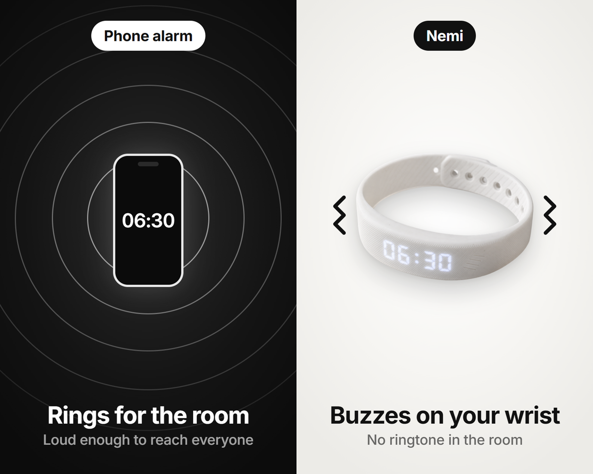 A phone alarm rings for the whole room; Nemi buzzes on your wrist with no ringtone
