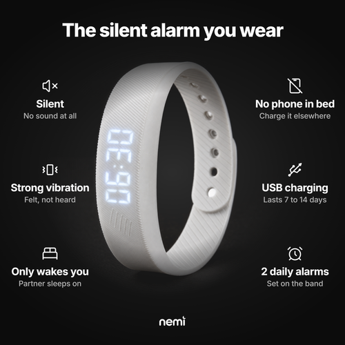 Nemi silent alarm wristband: silent, strong vibration, only wakes you, no phone in bed, USB charging lasting 7 to 14 days, 2 daily alarms
